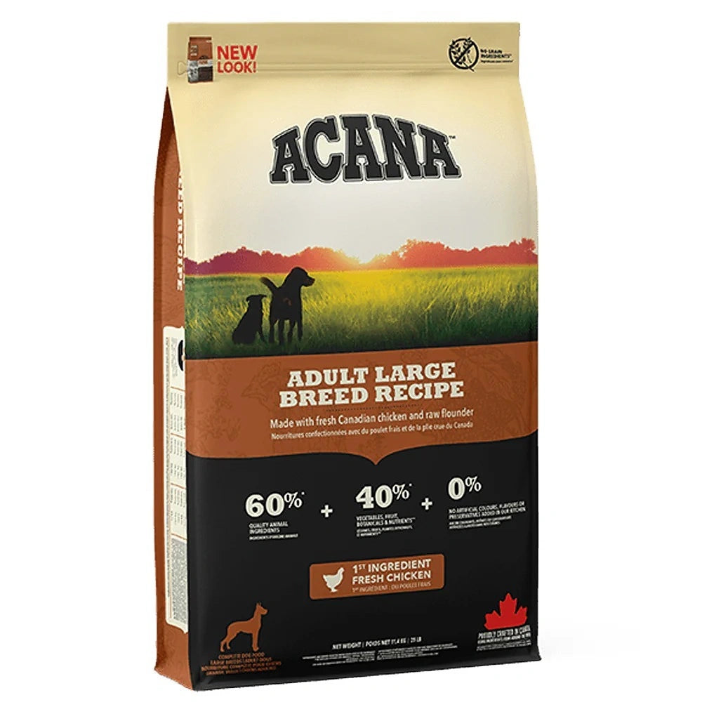 ACANA Adult Large Breed Dog Food 11.4kg bag with fresh chicken, flounder, and eggs for large-breed dogs