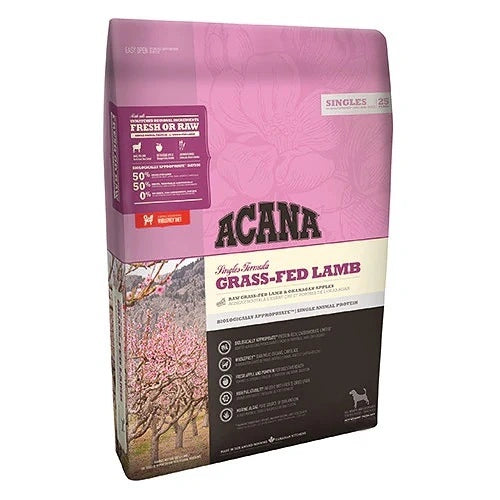 ACANA Singles Grass-Fed Lamb Dog Food bag – limited-ingredient, grain-free recipe with 50% lamb and 50% fruits and vegetables for sensitive dogs.