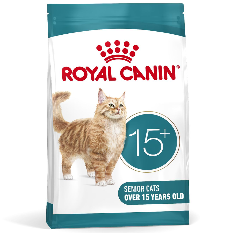 Royal Canin Ageing 15+ dry cat food bag front, for senior cats over 15 years old