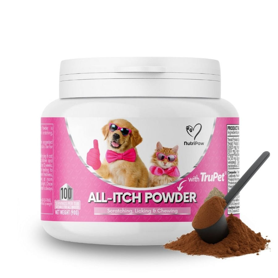 NutriPaw All-Itch Powder food topper tub for dogs and cats, 100 scoops, with scoop and powder