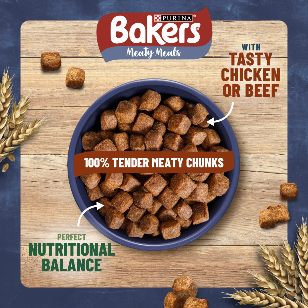 Bowl of Bakers Meaty Meals 100% tender meaty chunks, with tasty chicken or beef, perfect nutritional balance