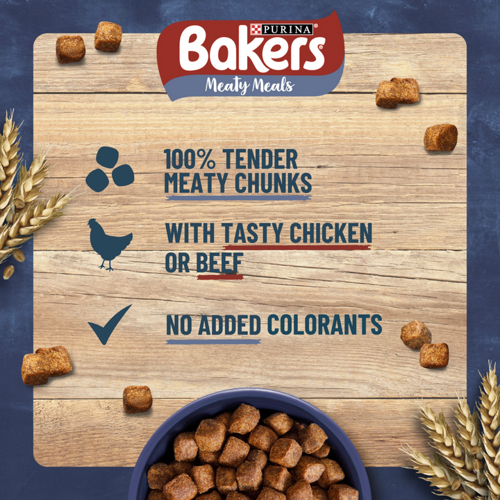Bakers Meaty Meals benefits: 100% tender meaty chunks, with tasty chicken or beef, no added colourants