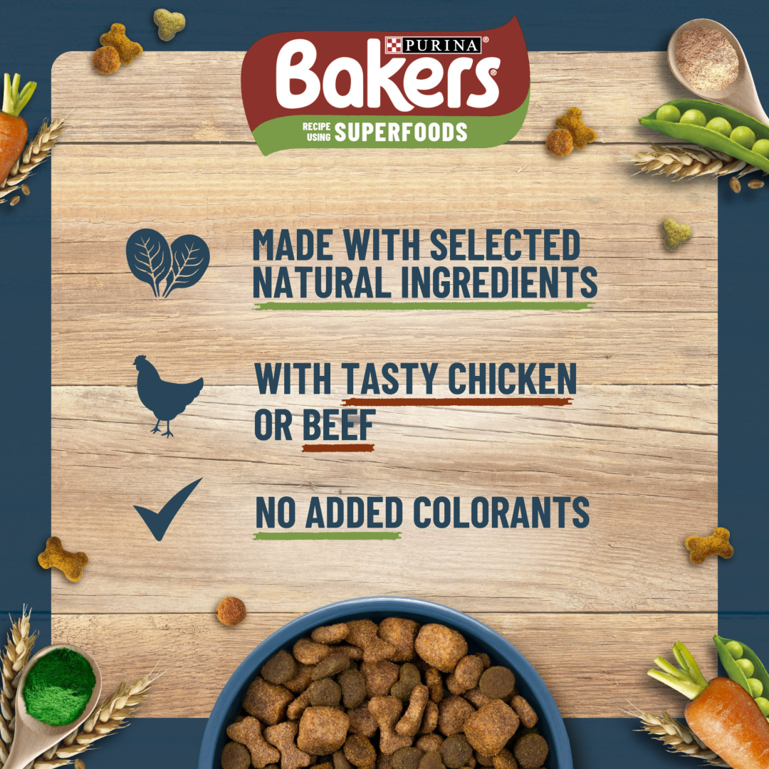Bakers made with selected natural ingredients, tasty chicken or beef, no added colourants