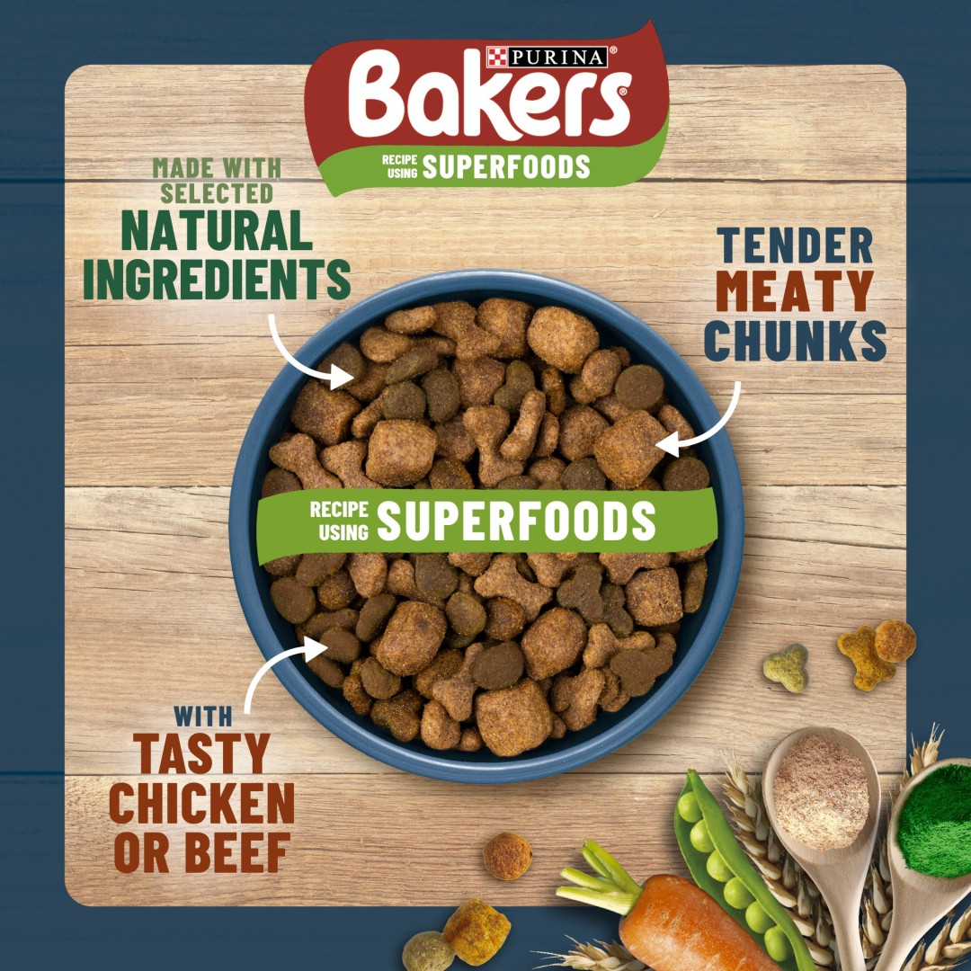 Bowl of Bakers superfoods dry dog food with tender meaty chunks and natural ingredients