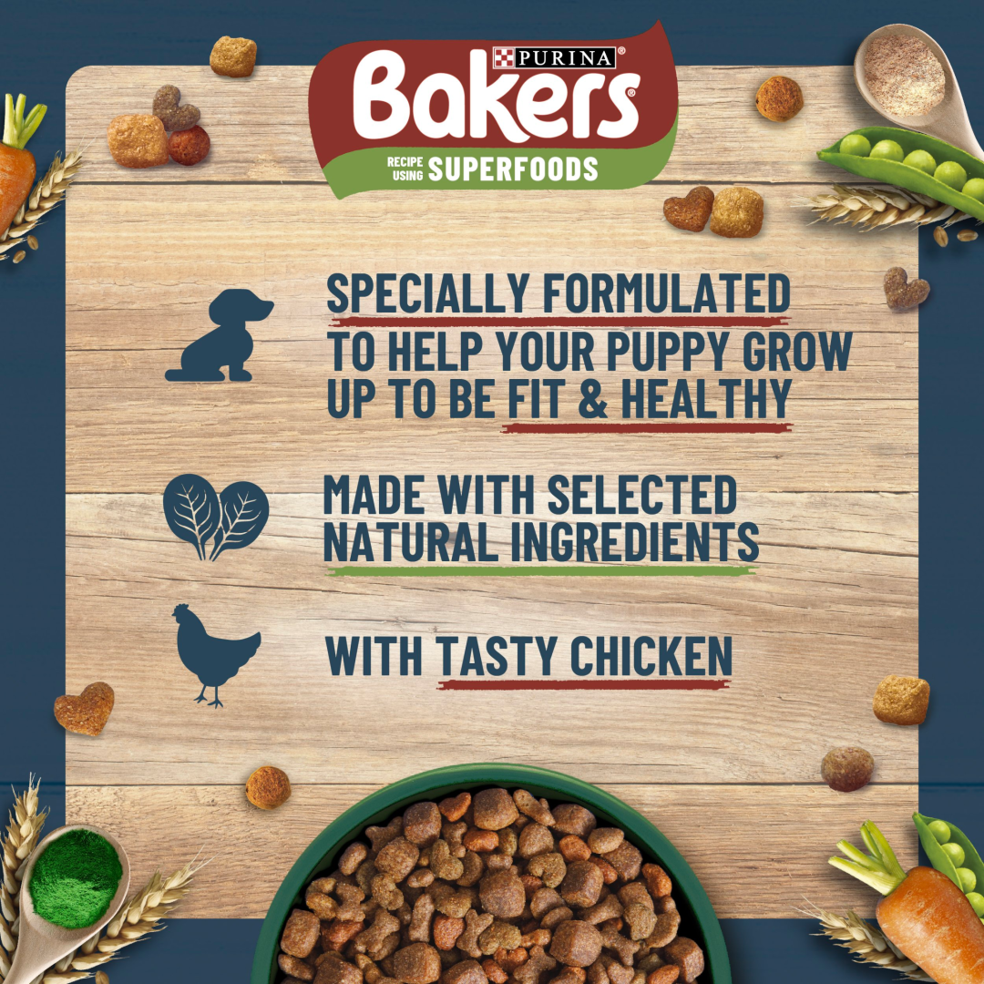 Bakers Puppy Chicken with Vegetables: specially formulated to help your puppy grow fit and healthy, with tasty chicken