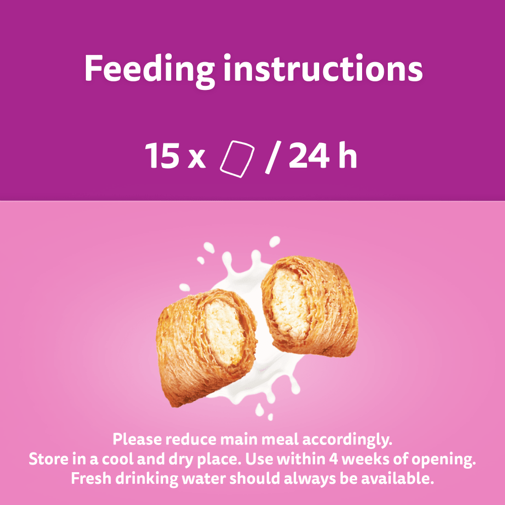 Whiskas Milky Treats feeding instructions: up to 15 treats per 24 hours