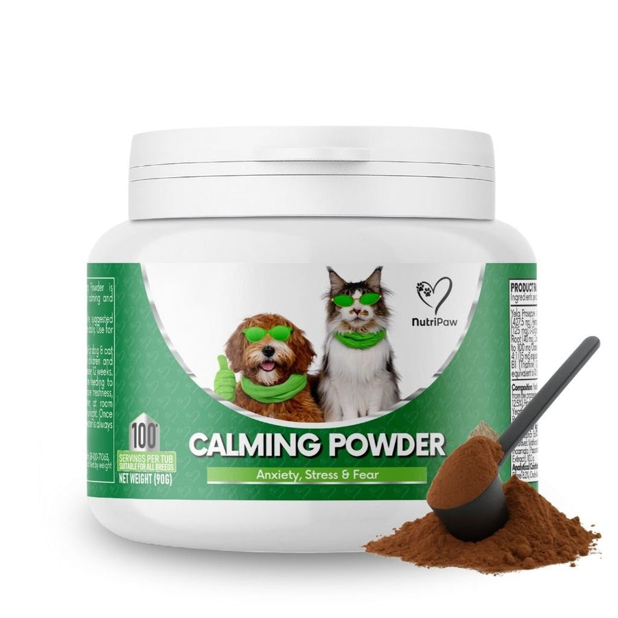 NutriPaw Calming Powder food topper tub for dogs and cats, 100 scoops, with scoop and powder