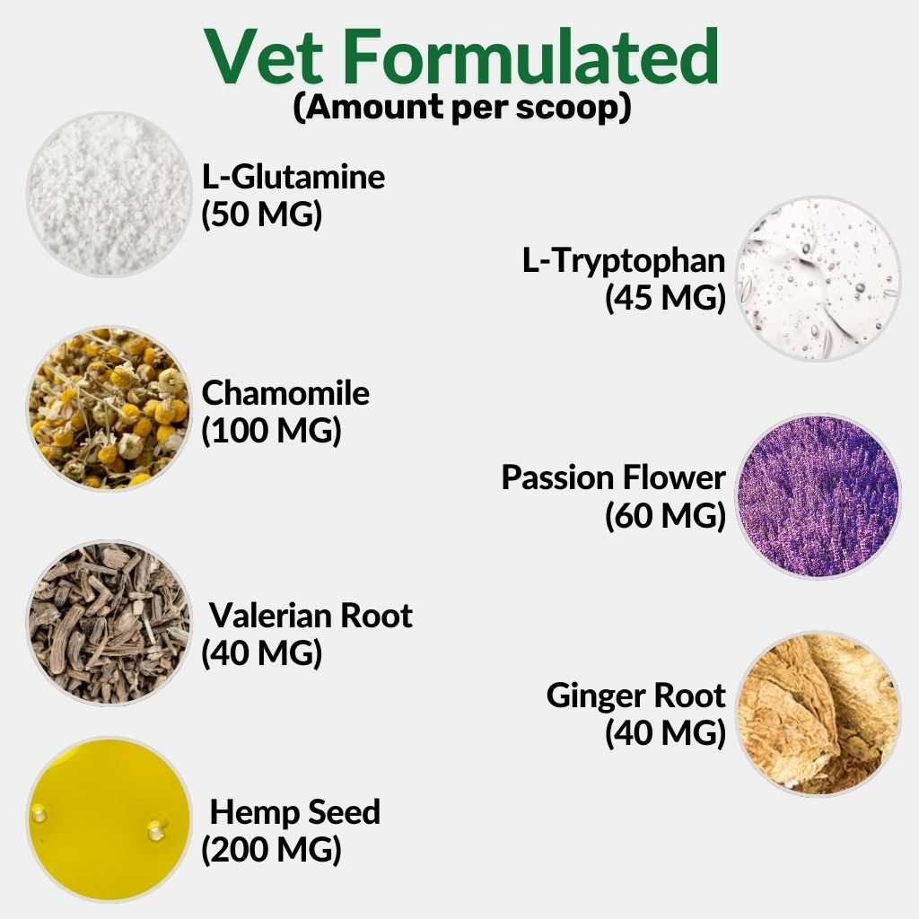 NutriPaw Calming Food Topper vet formulated ingredients per scoop: L glutamine, L tryptophan, chamomile, passion flower, valerian, ginger, hemp seed