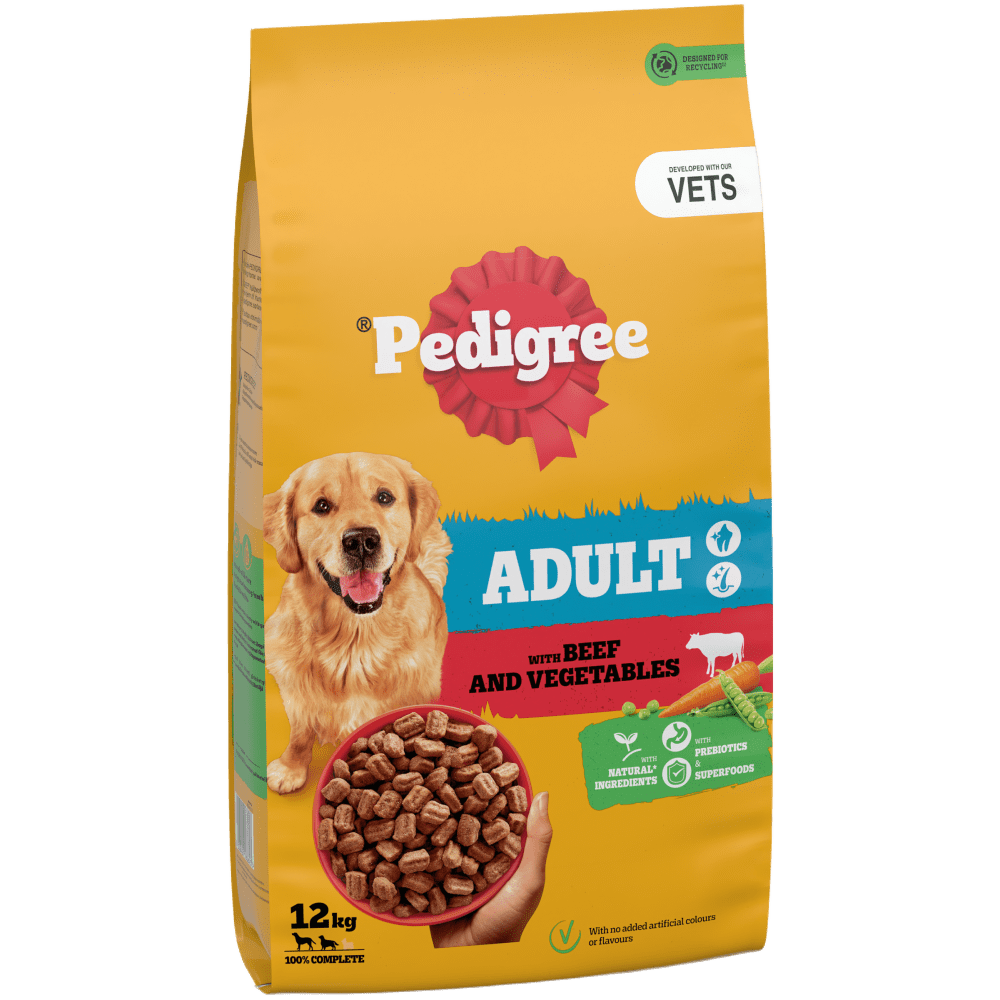 Pedigree Complete Adult dry dog food with Beef and Vegetables 12kg bag, front of pack