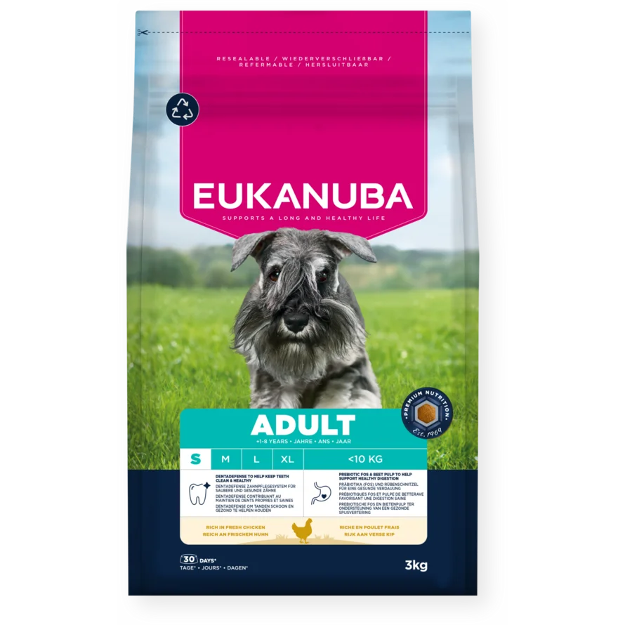 Eukanuba Adult Small Breed Rich in Fresh Chicken dry dog food 3kg, front of pack