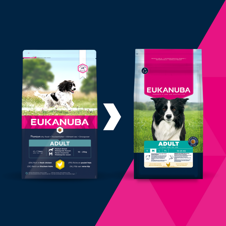 Eukanuba Adult Medium Breed old pack design next to the new pack design