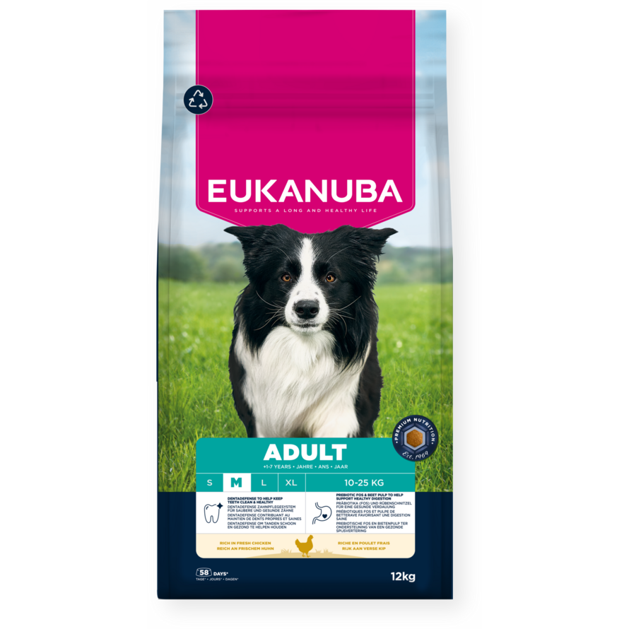 Eukanuba Adult Medium Breed Rich in Fresh Chicken dry dog food 12kg, front of pack