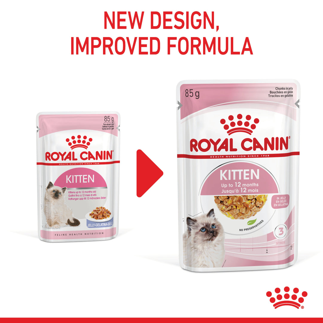 Royal Canin Kitten in Jelly new pouch design and improved formula compared with the old pouch