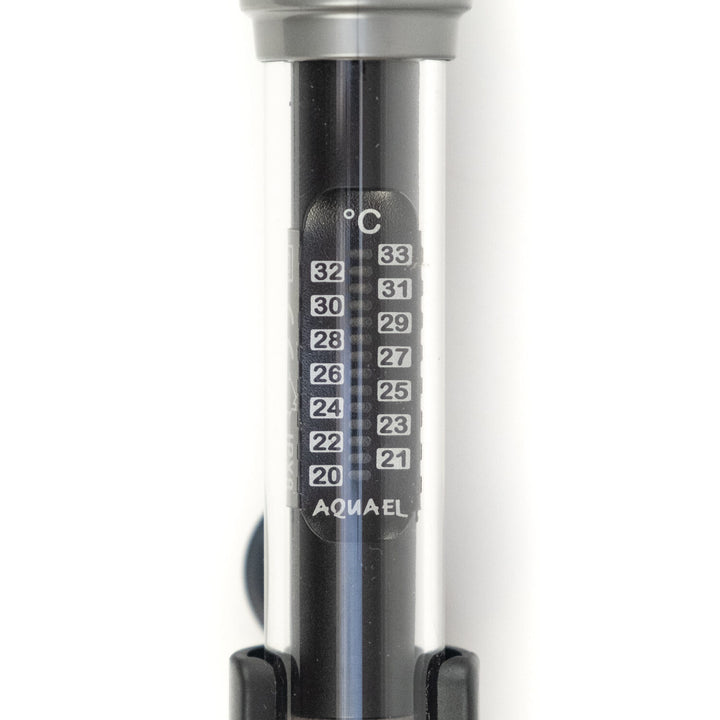 Close up of the temperature scale in degrees Celsius on the Aquael Platinium glass heater