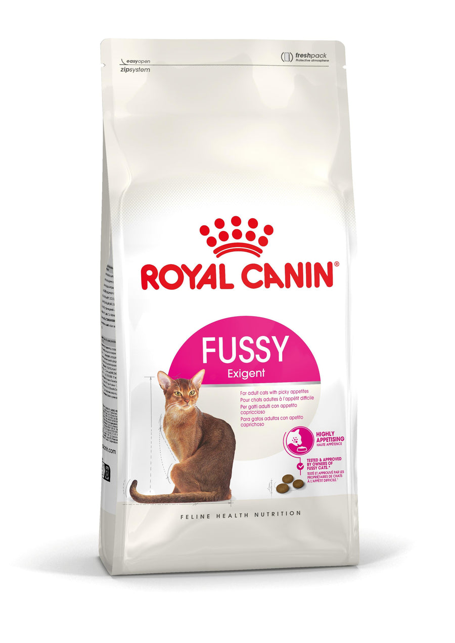 Royal Canin Fussy adult dry cat food bag, front of pack