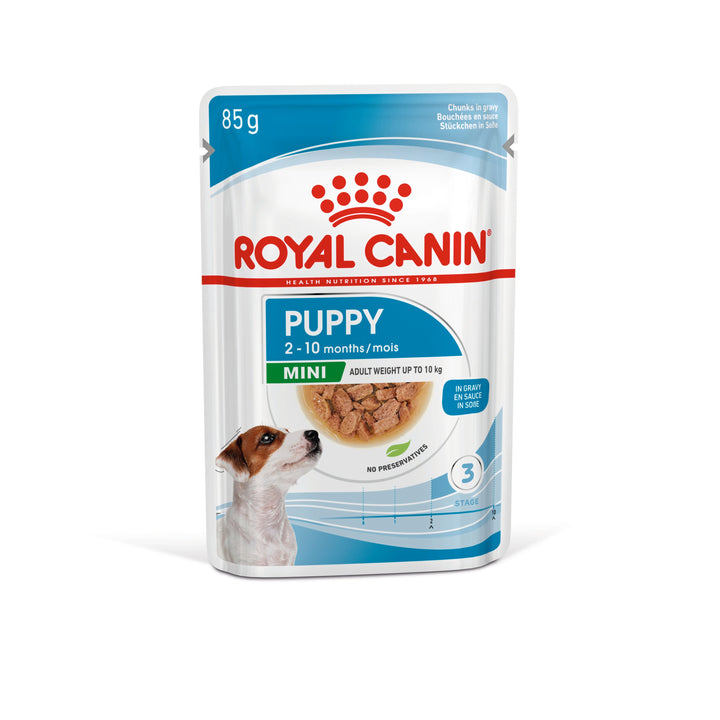 Royal Canin Mini Puppy chunks in gravy 85g pouch, front of pack