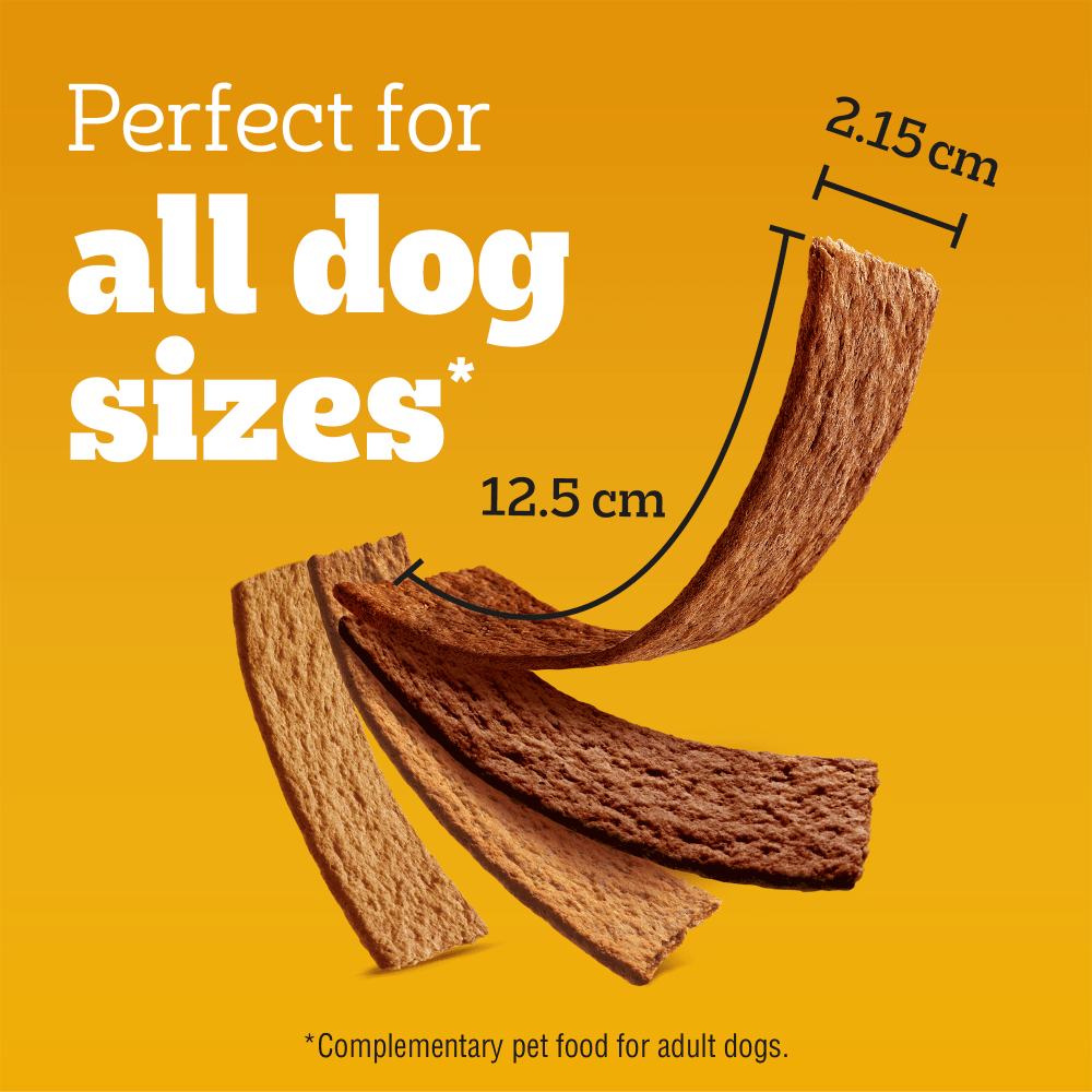 Pedigree Schmackos strips, 12.5cm long and 2.15cm wide, suitable for all dog sizes