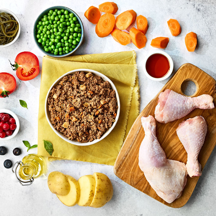 Naturo Grain Free Chicken with Potato and Vegetables dog food in a bowl with chicken, potato, carrots, peas and tomato