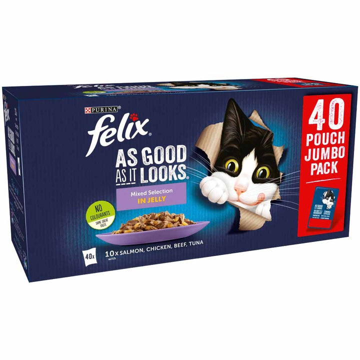 Felix As Good As It Looks Mixed Selection in Jelly 40 pouch Jumbo Pack box: 10 each of salmon, chicken, beef and tuna