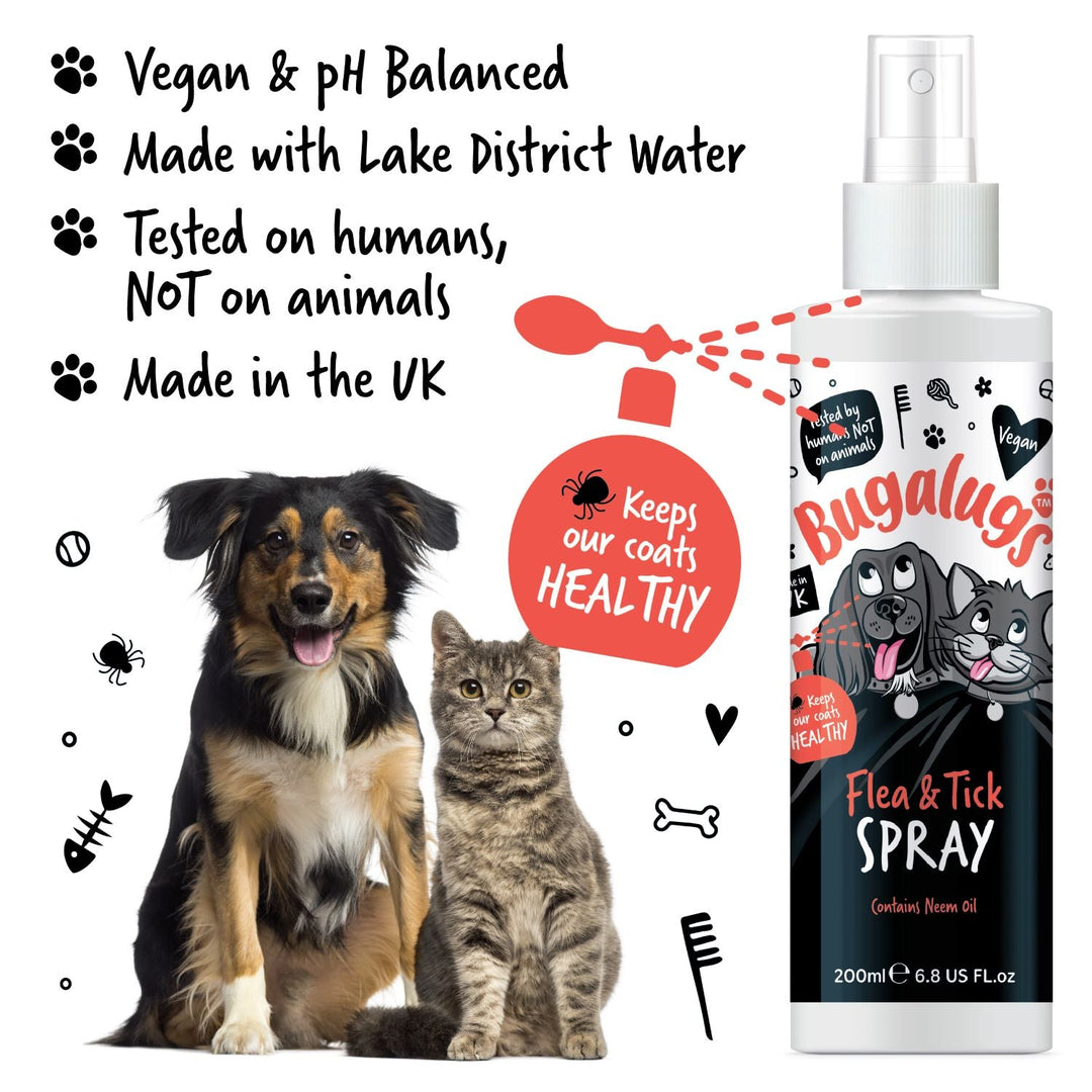 Bugalugs Flea and Tick Spray 200ml: vegan, pH balanced, made with Lake District water, made in the UK