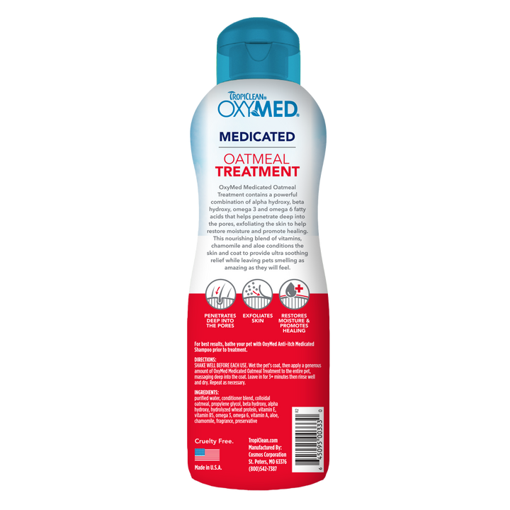 TropiClean OxyMed Medicated Oatmeal Treatment 592ml bottle, back label with directions and ingredients