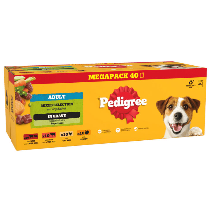 Pedigree Adult Mixed Selection in Gravy Megapack 40 x 100g pouches box, front of pack