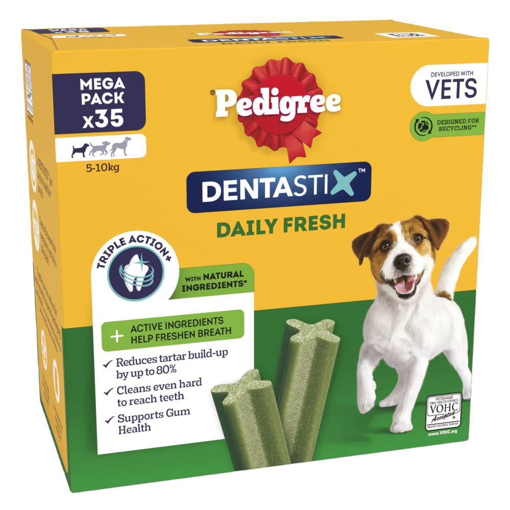 Pedigree Dentastix Daily Fresh Small Dog 5kg to 10kg mega pack of 35 sticks, front of box