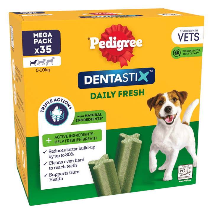 Pedigree Dentastix Daily Fresh Small Dog 5kg to 10kg mega pack of 35 sticks, front of box