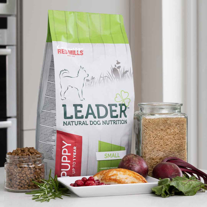 Red Mills Leader Puppy Small Breed Chicken dog food bag with kibble, chicken, cranberries and beetroot