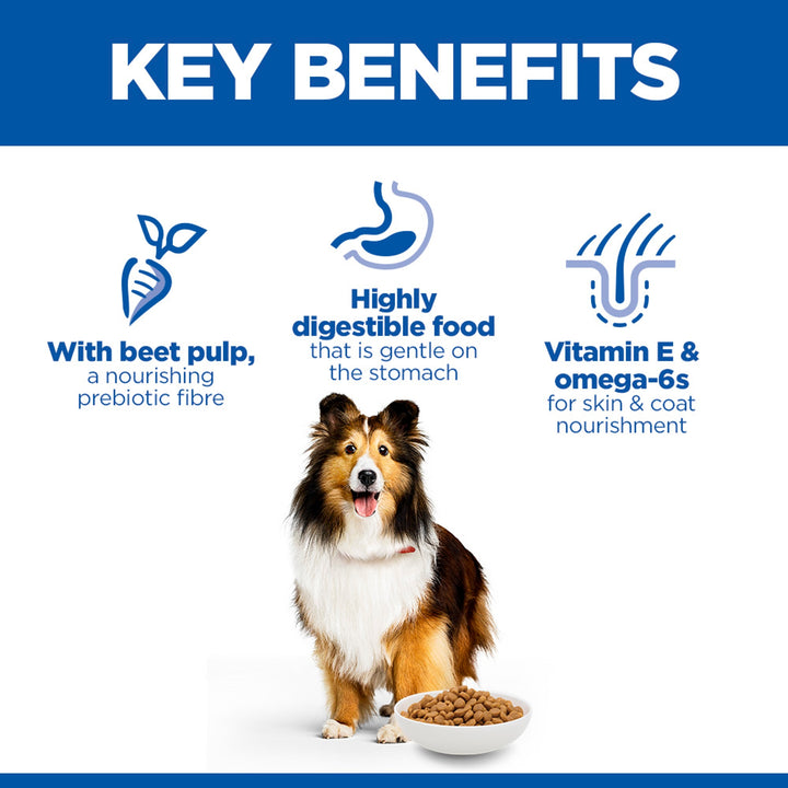 Hill's Science Plan Sensitive Stomach & Skin key benefits: beet pulp prebiotic fibre, highly digestible, vitamin E and omega-6s