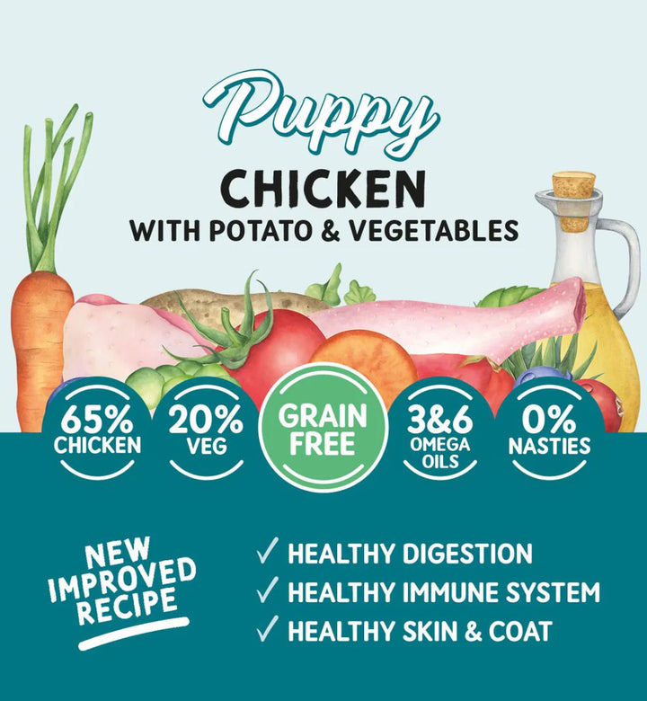 Grain-free wet puppy food with chicken, potato, and vegetables

