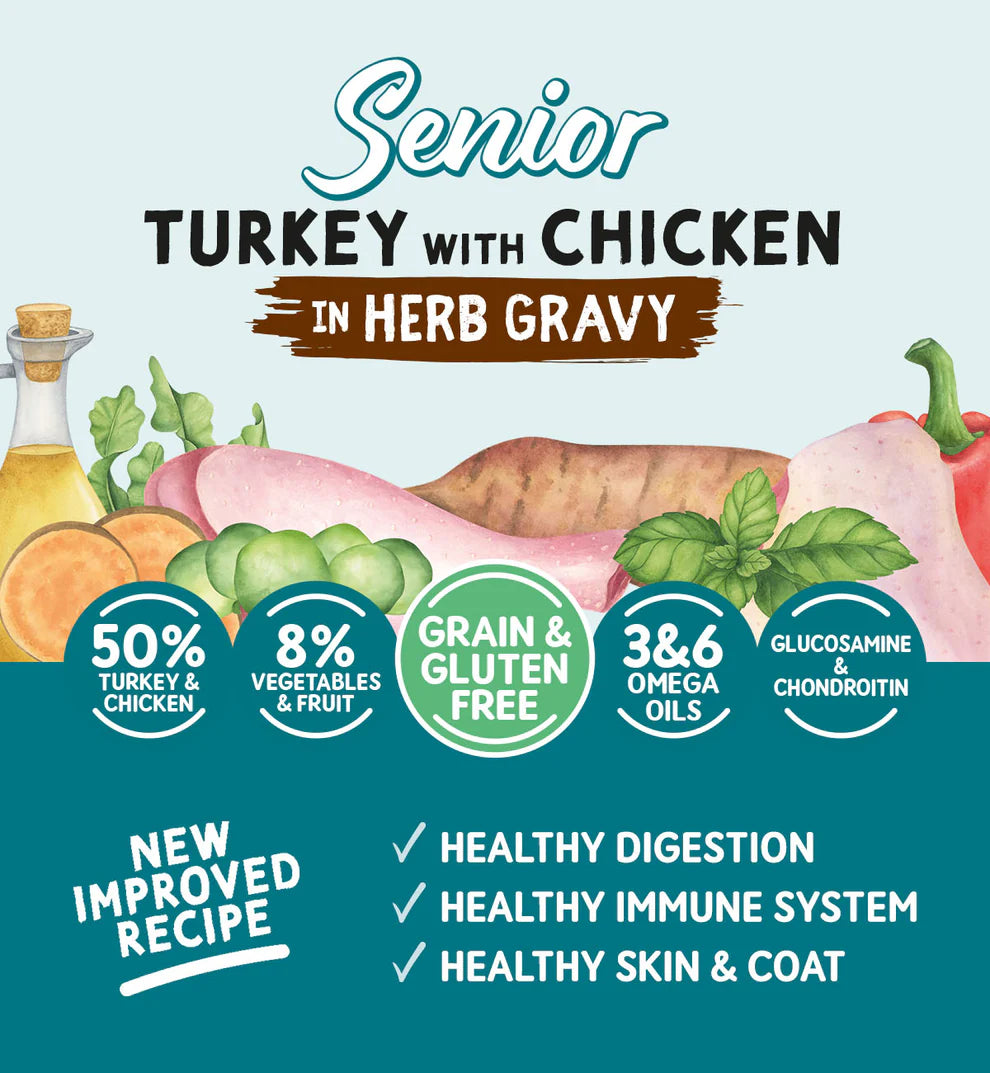 Grain-free senior dog food with turkey, chicken, and herb gravy

