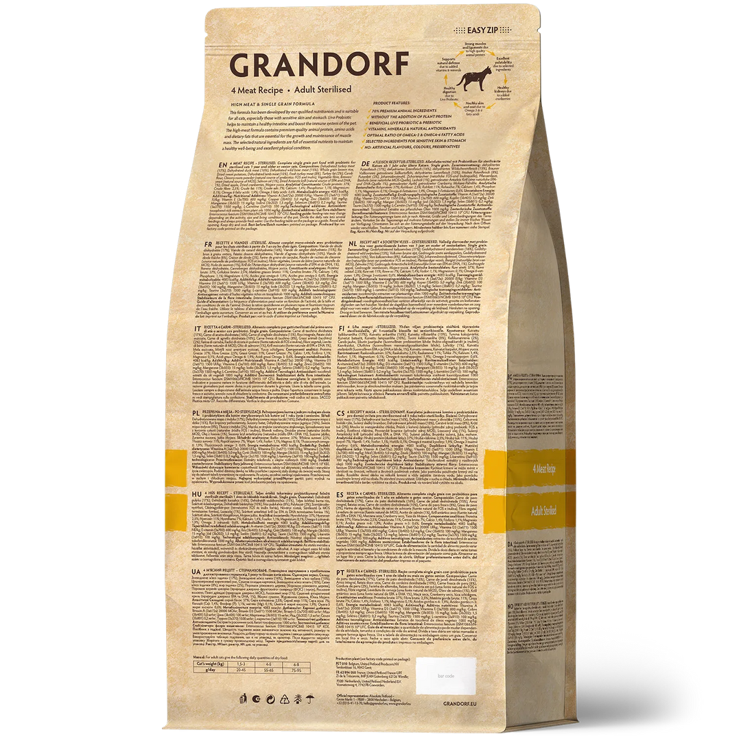 Grandorf 4 Meat Recipe Adult Sterilised cat food, back of pack with ingredients and analysis