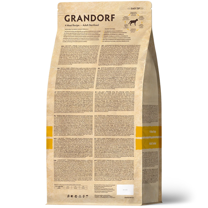 Grandorf 4 Meat Recipe Adult Sterilised cat food, back of pack with ingredients and analysis