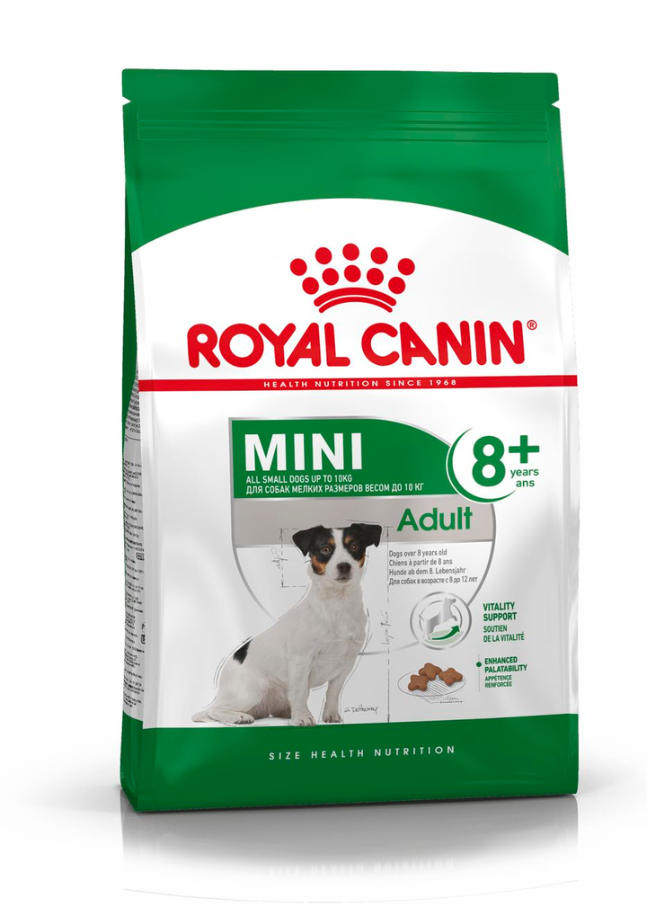 Royal Canin Mini Adult 8+ dry dog food bag, front of pack