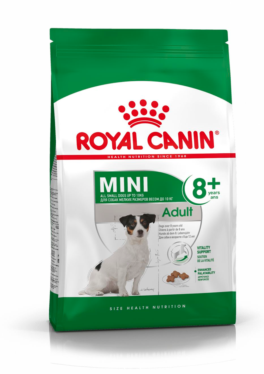 Royal Canin Mini Adult 8+ dry dog food bag, front of pack