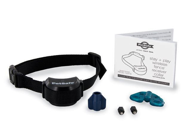 PetSafe Stay and Play extra receiver collar box contents: collar, contact points, test light tool and manual
