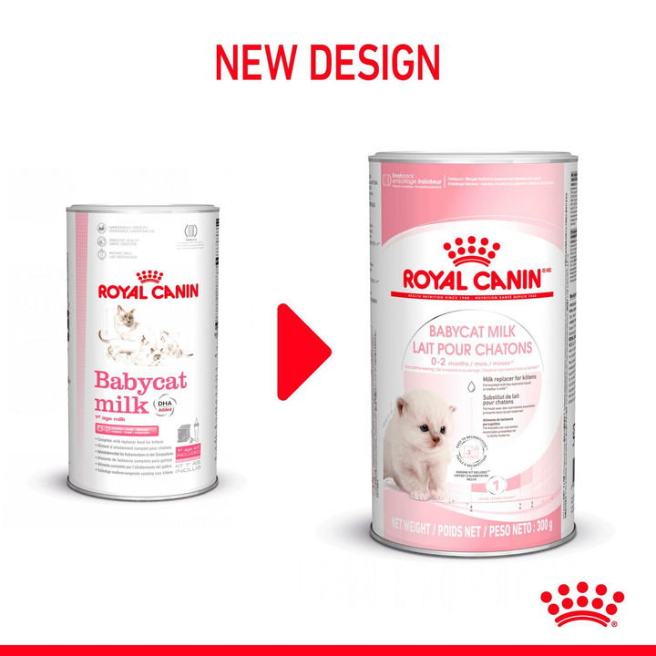 Royal Canin Babycat Milk old tin design next to the new design