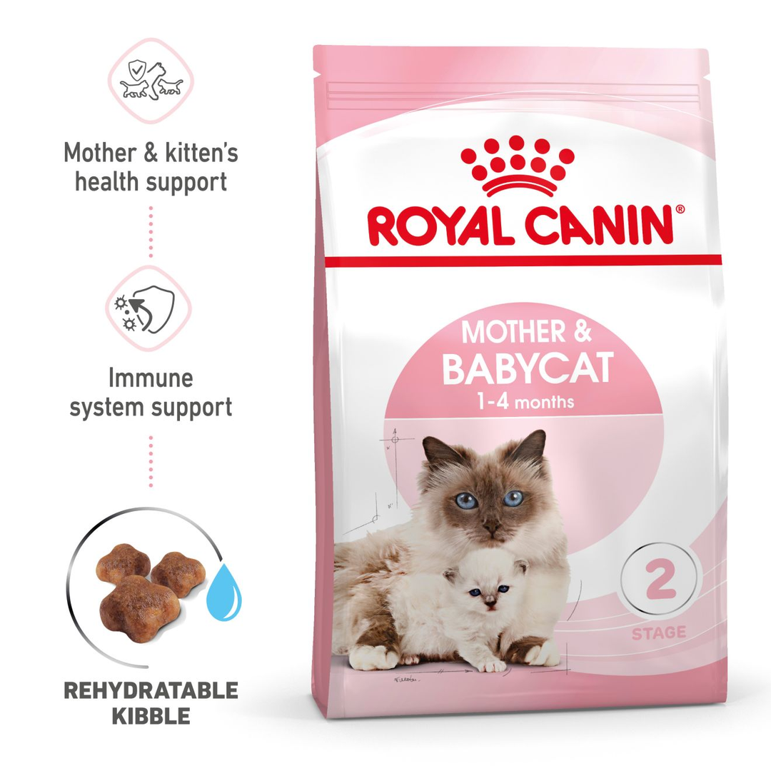 Royal Canin Mother and Babycat bag with key benefits: health support, immune support, rehydratable kibble