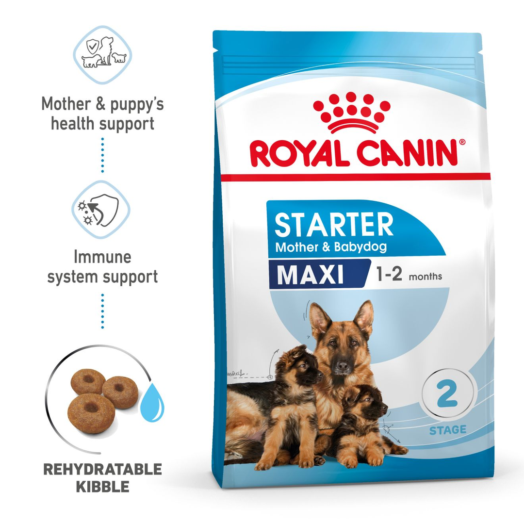 Royal Canin Maxi Starter bag with key benefits: mother and puppy health support, immune system support, rehydratable kibble