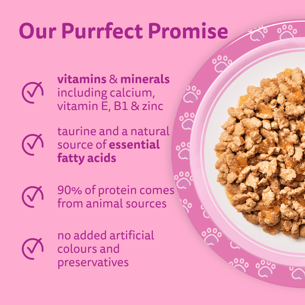 Whiskas Kitten promise: vitamins and minerals, taurine, 90% animal protein, no added artificial colours or preservatives