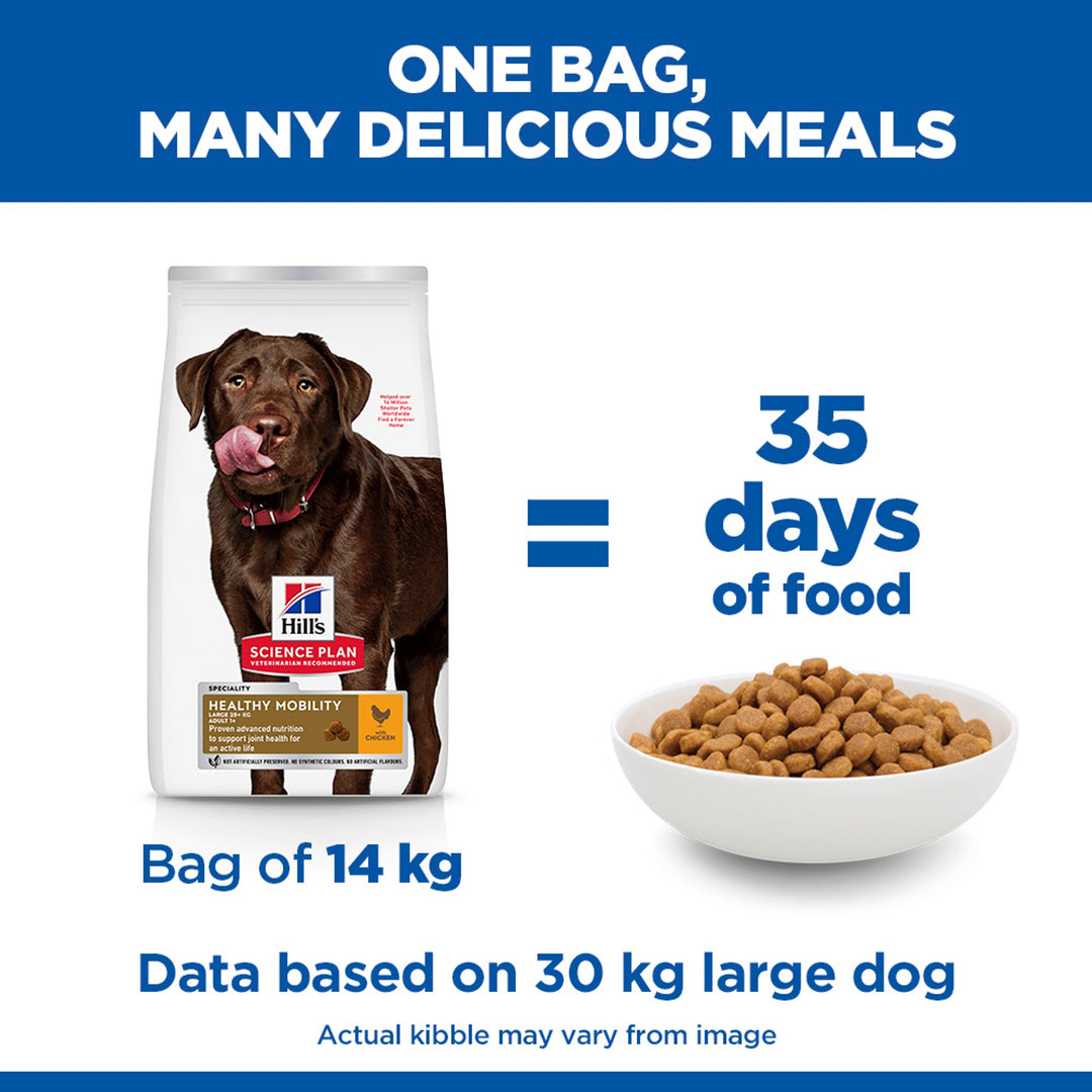 Hill's Healthy Mobility Large Breed 14kg bag gives about 35 days of food for a 30kg dog