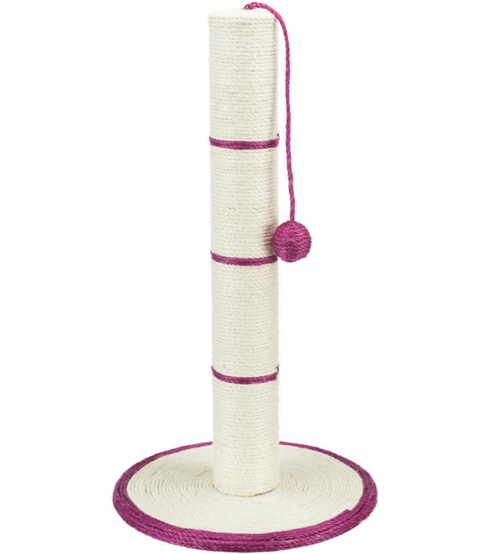 Trixie sisal cat scratching post 50cm with round base and hanging play ball, pink trim