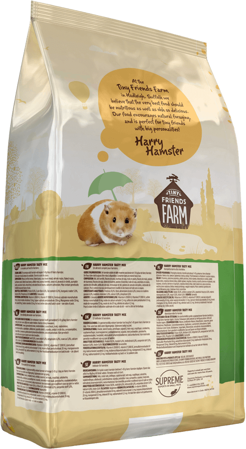 Tiny Friends Farm Harry Hamster Tasty Mix bag, back of pack with ingredients and feeding guide