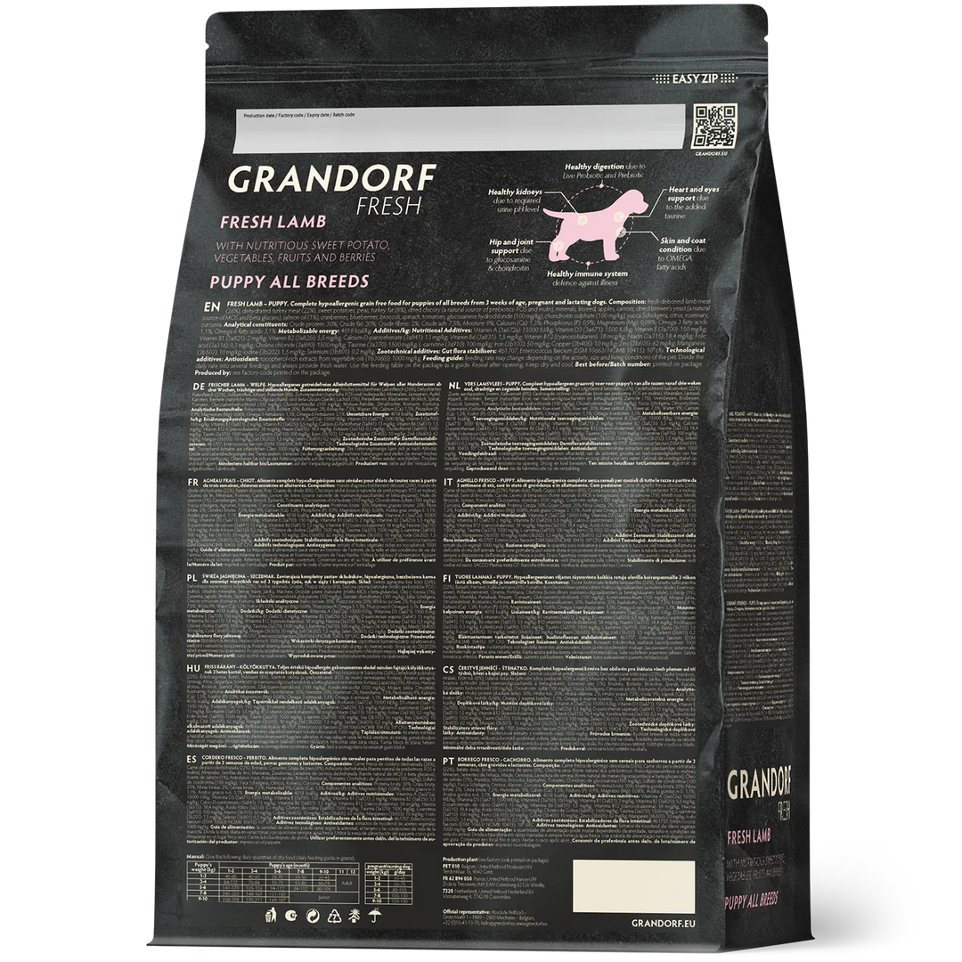 Grandorf Fresh Puppy All Breeds Lamb and Sweet Potato dry dog food bag, back of pack with ingredients and feeding guide