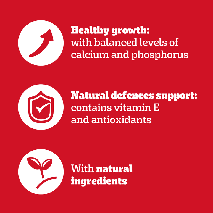 Pedigree Junior Puppy pouch benefits: healthy growth, natural defences support and natural ingredients