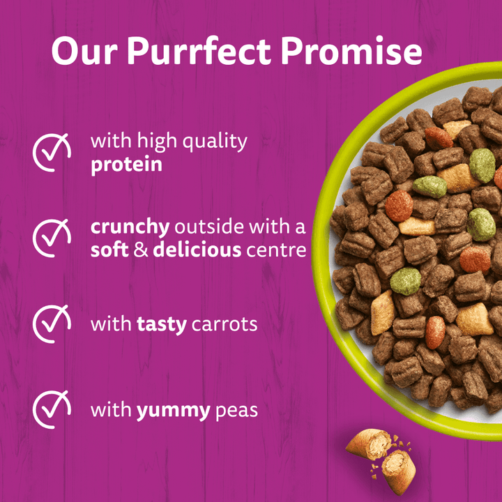 Whiskas Adult Lamb dry food promise: high quality protein, crunchy outside with a soft centre, carrots and peas
