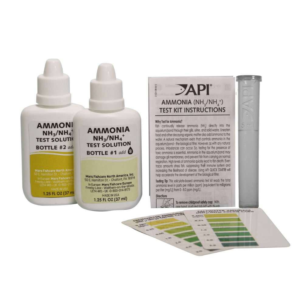 API Ammonia Liquid Test Kit contents: two test solution bottles, test tube, instructions and colour chart