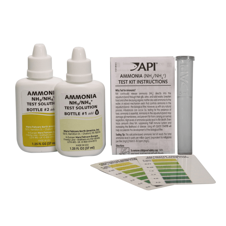 API Ammonia Liquid Test Kit contents: two test solution bottles, test tube, instructions and colour chart