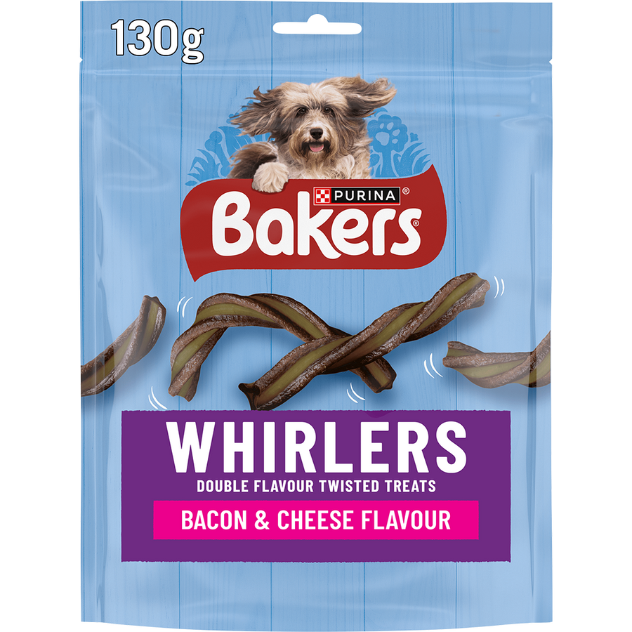 Bakers Whirlers Bacon and Cheese Flavour Dog Treats 130g pack, front
